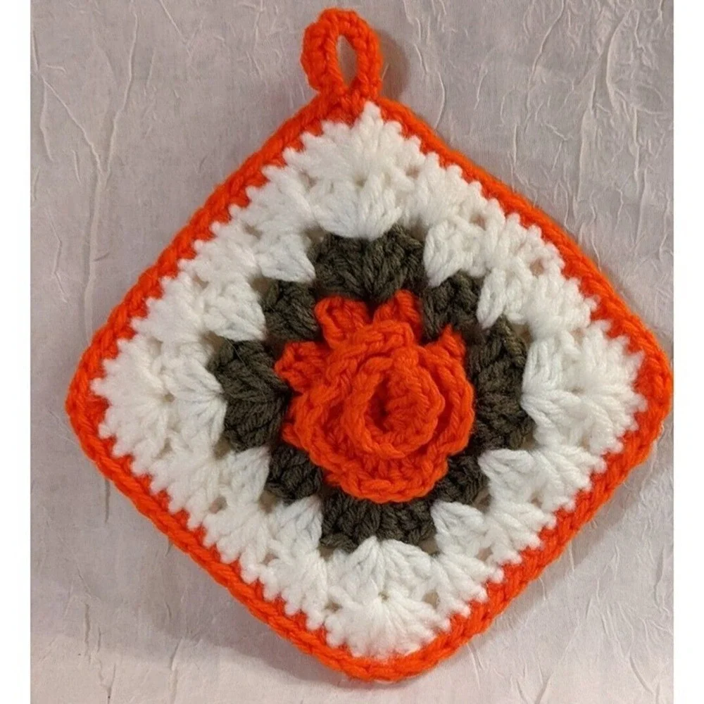 Crocheted Pot Holders Roses Flowers Boho Handmade Orange Decorative MCM Vtg Home